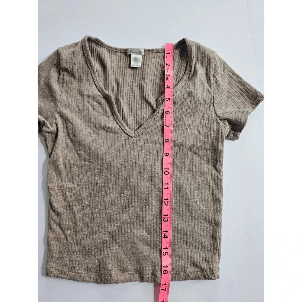 Ribbed V Neck Tee Womens S‎ Taupe Fitted Basic Minimalist Crop Top